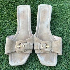 Veronica Beard Davina Suede Slides, 8.5, Tan, Wooden Sandal Clogs